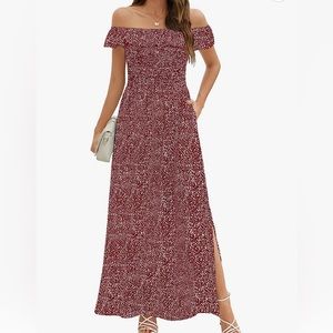 Zattcas Womens Off The Shoulder Ruffle Smocked Side Split Maxi Dress XL